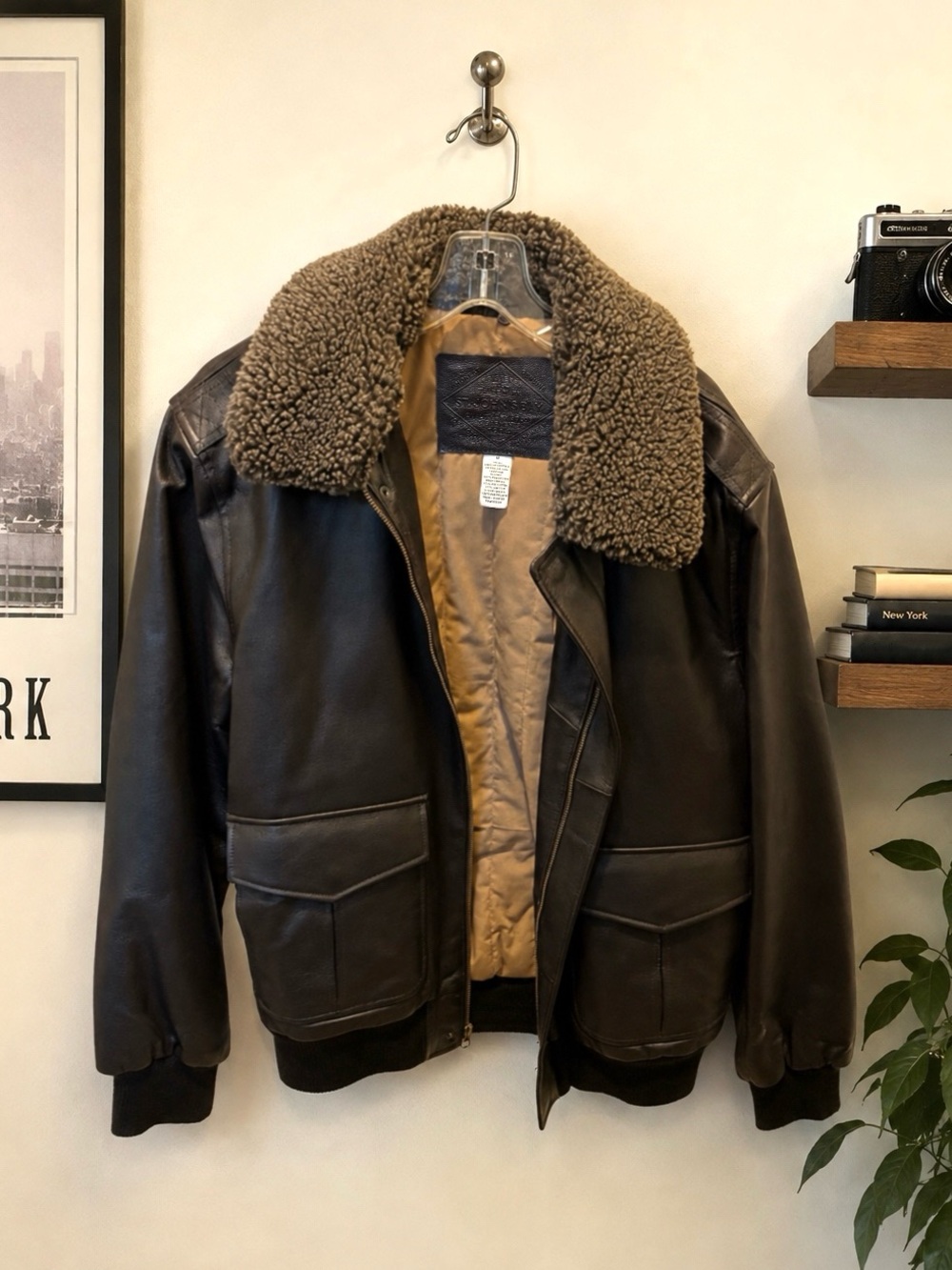 st. john’s bay brown genuine leather bomber jacket with faux sherpa collar